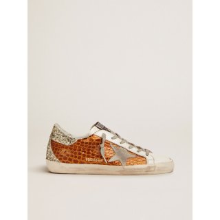Super-Star sneakers in brown crocodile-print leather with light green glitter