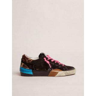 Super-Star LAB sneakers in black suede with multi-foxing and leopard-print pony skin heel tab
