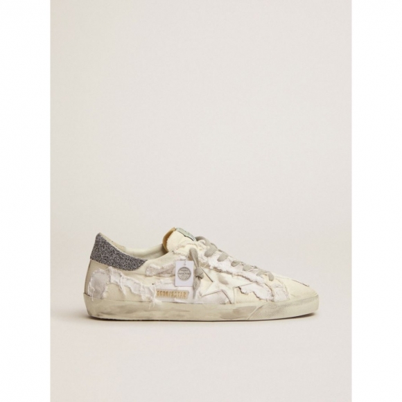 Super-Star sneakers in white canvas with black Swarovski crystal heel tab