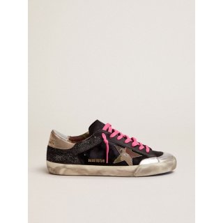 Super-Star sneakers in black glitter and suede with camouflage fabric star