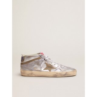 Mid Star sneakers in silver metallic leather with star and flash in dove-gray suede