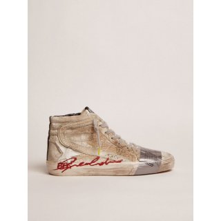 Slide LAB sneakers with silver velvet upper with crocodile print and appliqu??d tape