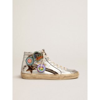 Slide sneakers in silver laminated leather with leopard-print pony skin star and flash with detachable multicolored patches