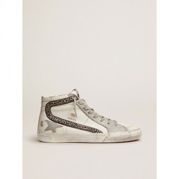 Slide sneakers with white leather upper and animal-print suede flash