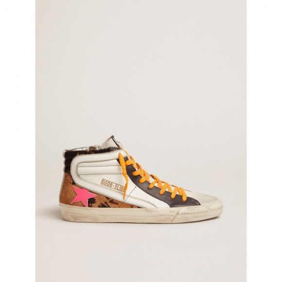 Slide sneakers in pony skin, leather and suede with orange laces and a fuchsia star