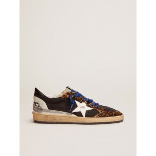 Ball Star sneakers in black distressed canvas, leopard-print pony skin inserts and multi-foxing