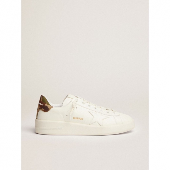 Purestar sneakers in white leather with tone-on-tone star and green heel tab in camouflage-print ripstop fabric