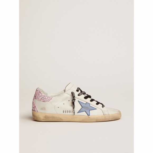 Super-Star sneakers with cobalt-blue leather star and pink glitter heel tab