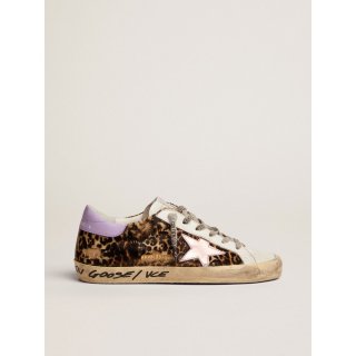 Super-Star LTD sneakers in leopard-print pony skin with salmon-colored laminated leather star and purple leather heel tab