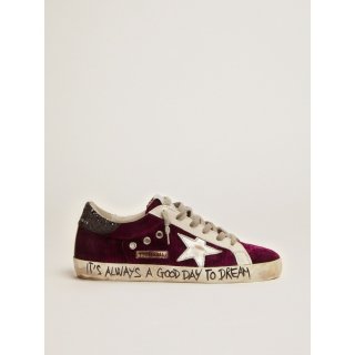 Super-Star sneakers in raspberry-red velvet and black glitter heel tab