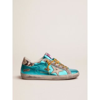 Turquoise green laminated Super-Star LTD sneakers with snake-print heel tab