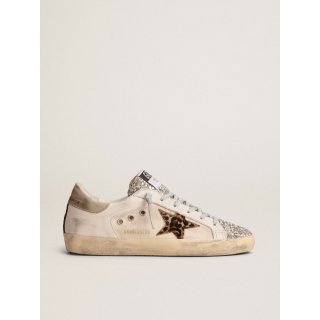 Super-Star sneakers with platinum-colored glitter tongue and leopard-print pony skin star