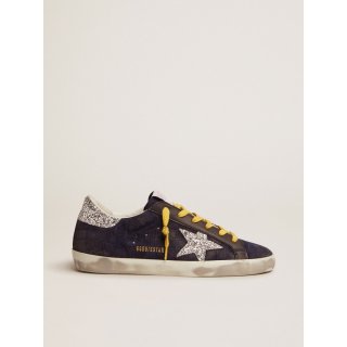 Super-Star sneakers in dark blue suede with checkered pattern and silver glitter details