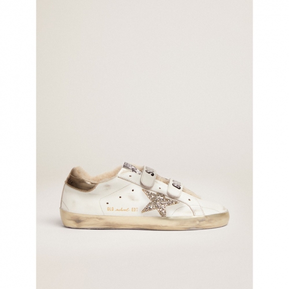 Old School sneakers in white leather with platinum-colored glitter star and shearling lining