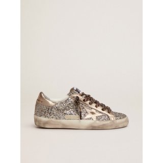 Super-Star sneakers in platinum-colored glitter with star and heel tab in tone-on-tone laminated leather