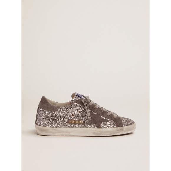 Super-Star sneakers in silver glitter and dark gray suede