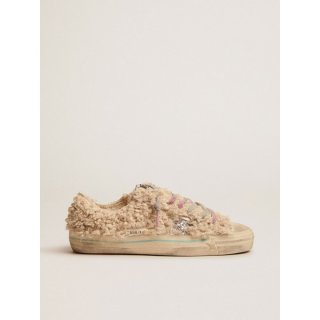 Beige shearling-effect V-Star LTD sneakers with silver glitter star