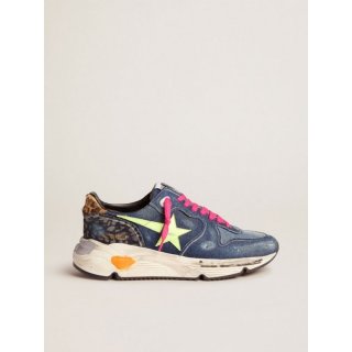 Denim Running Sole sneakers with a fluorescent yellow star and leopard-print pony skin heel tab