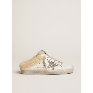 Super-Star Sabots in white leather with silver glitter star and shearling lining