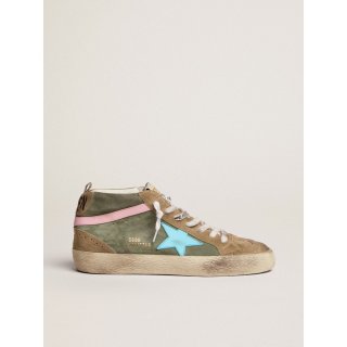 Mid Star LTD sneakers in military green suede with sky-blue leather star and pink leather flash