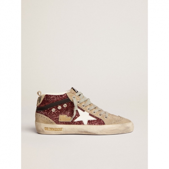 Mid Star sneakers in burgundy glitter with dove-gray suede inserts and white leather star