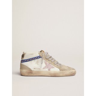 Mid Star LTD sneakers with white and pink glitter star and blue leather flash with gold-colored studs