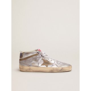 Mid Star sneakers in silver metallic leather with star and flash in dove-gray suede