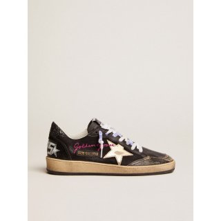 Ball Star sneakers in black canvas with platinum metallic leather star and black glitter heel tab