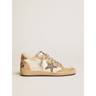 Ball Star sneakers in white nappa leather with platinum-colored glitter star and shearling lining
