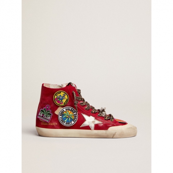 Francy Penstar sneakers in red suede with multicolored patches and silver laminated leather star
