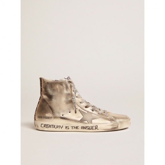 Gold Francy sneakers with handwritten lettering and leopard-print detail