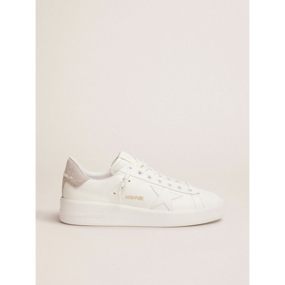 Purestar sneakers in white leather with champagne glitter heel tab