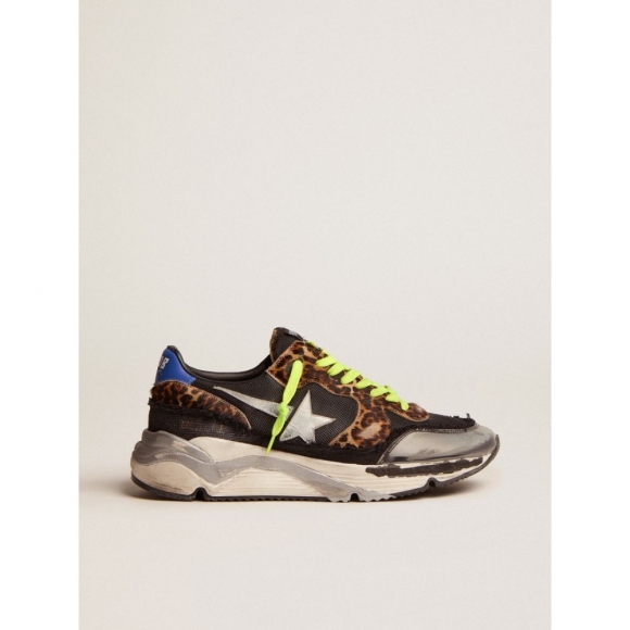 Running Sole LTD sneakers in black mesh with leopard-print pony skin inserts and silver laminated leather star