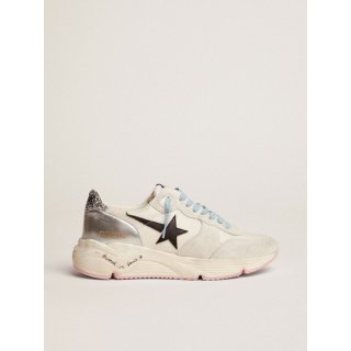 Running Sole LTD sneakers in white mesh and suede with silver glitter heel tab and black leather star