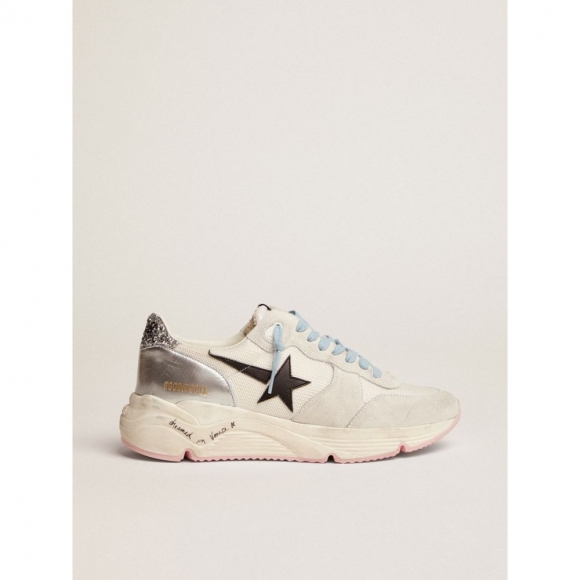 Running Sole LTD sneakers in white mesh and suede with silver glitter heel tab and black leather star