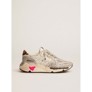 Running Sole sneakers in nylon and silver glitter with leopard-print pony skin heel tab