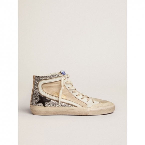 Penstar Slide sneakers in cream-colored canvas and silver glitter with black leather star