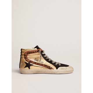 Penstar Slide sneakers in gold leather with black leather star and leopard-print pony skin insert