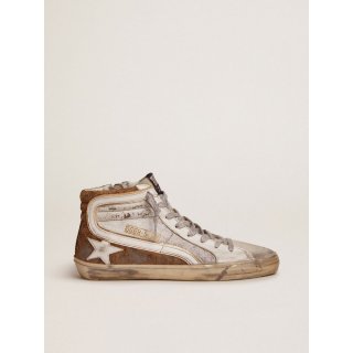 Slide sneakers in crackle leather and leopard-print suede