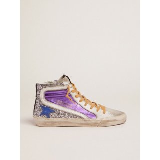 Slide sneakers with silver glitter and purple laminated leather upper