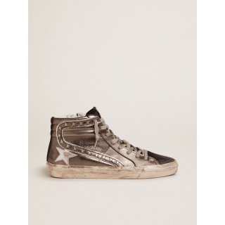 Slide sneakers with silver laminated leather upper and star-shaped studs