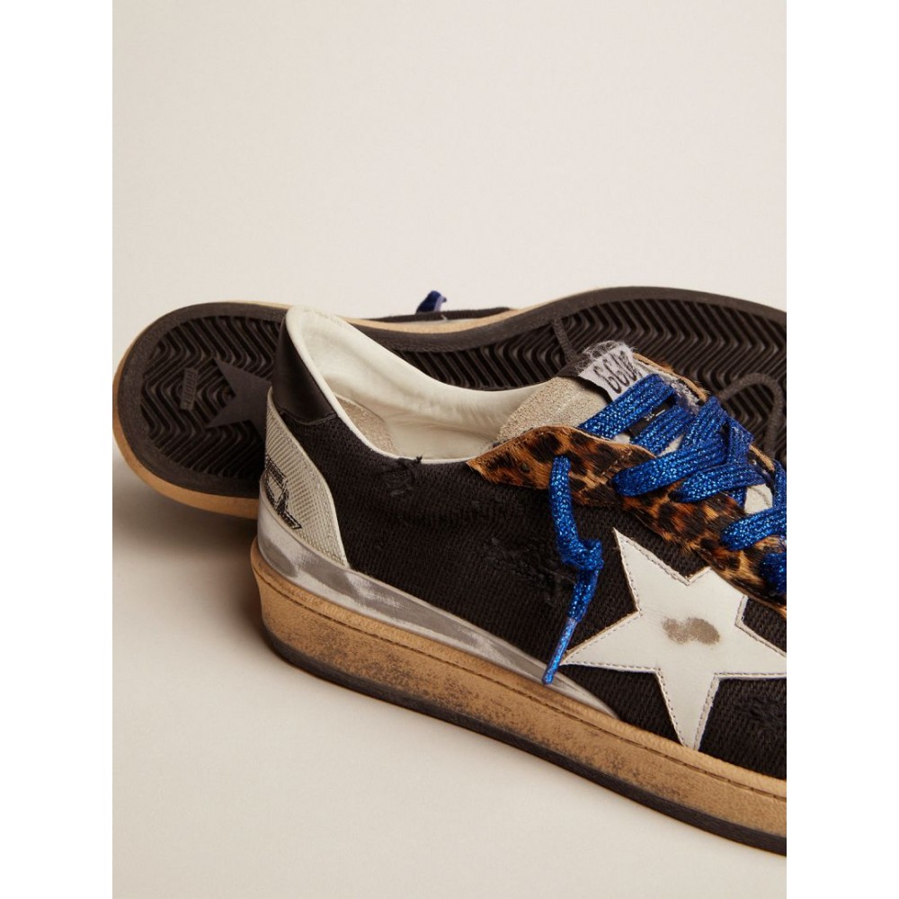 Ball Star sneakers in black distressed canvas, leopard-print pony skin inserts and multi-foxing
