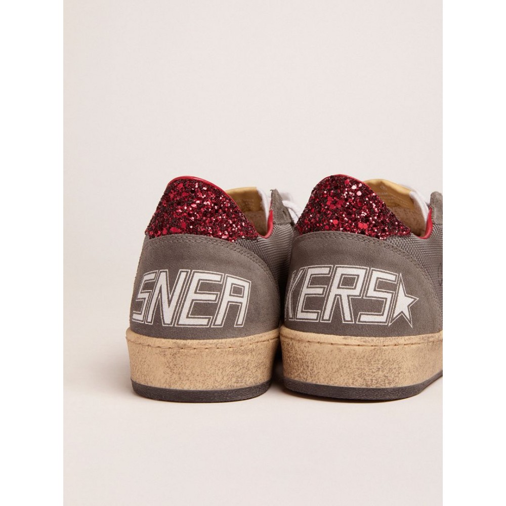 Ball Star sneakers in pale silver mesh with red glitter heel tab
