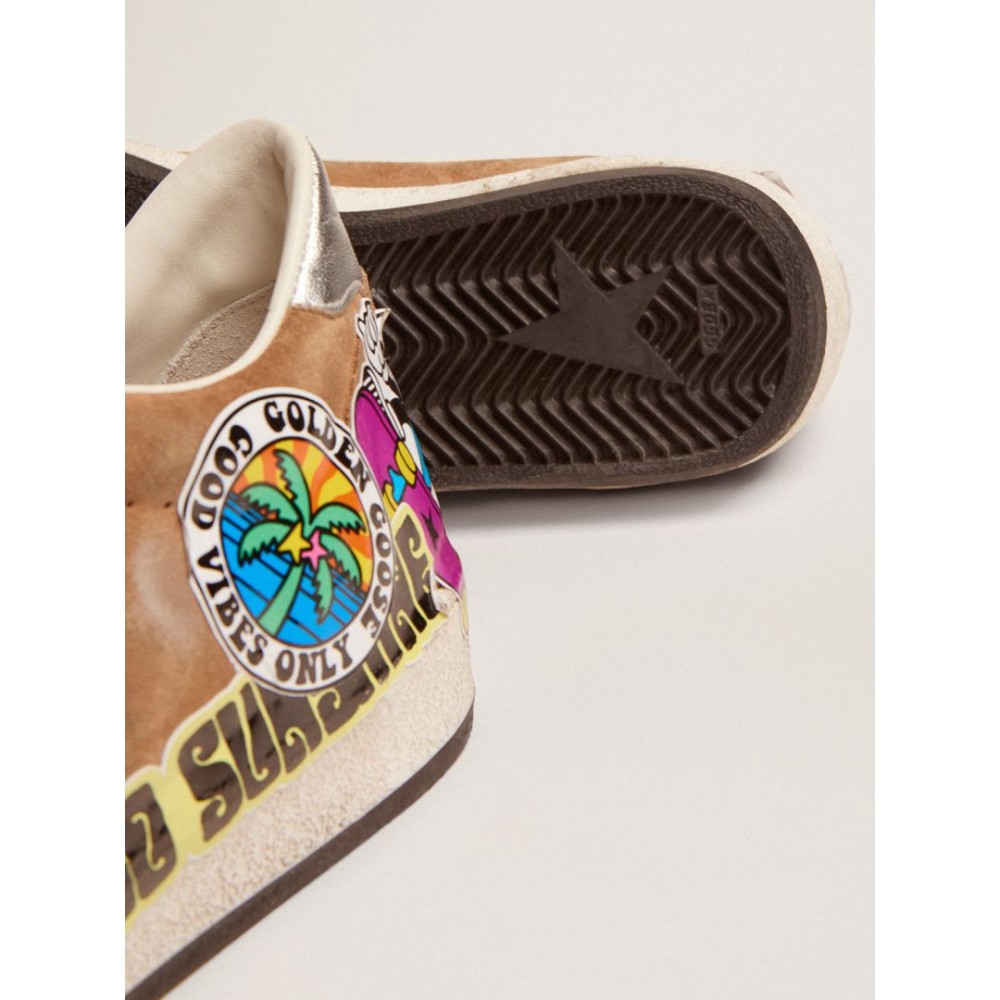 Ball Star sneakers in tobacco-colored suede with a white leather star and multicolored stickers