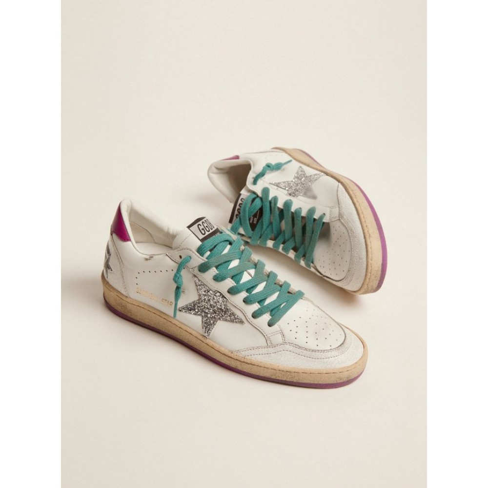 Ball Star LTD sneakers in white leather with purple leather heel tab and silver glitter star